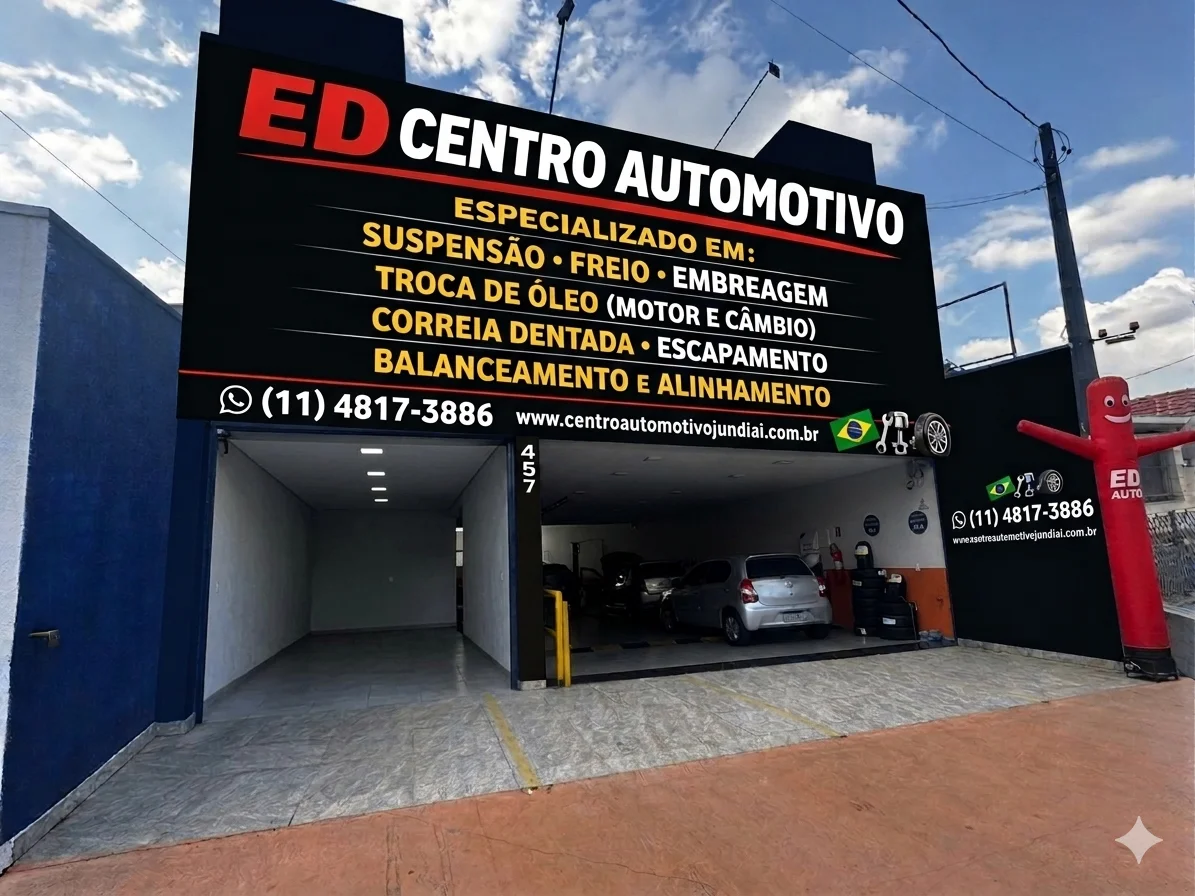 ED Centro Automotivo Jundiaí — fachada da oficina com letreiro, serviços e boneco inflável